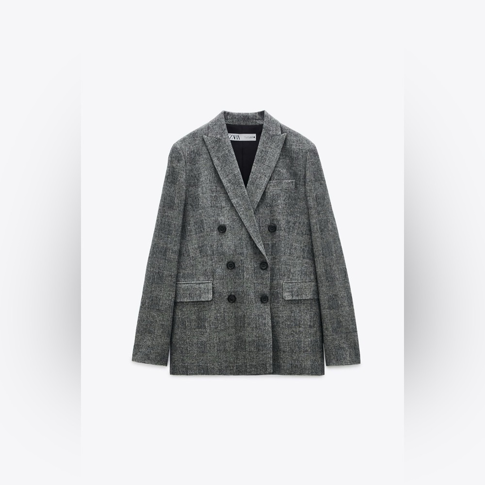NWT Zara Blogger Favorite Double Breasted Check Plaid Wool Blend Blazer